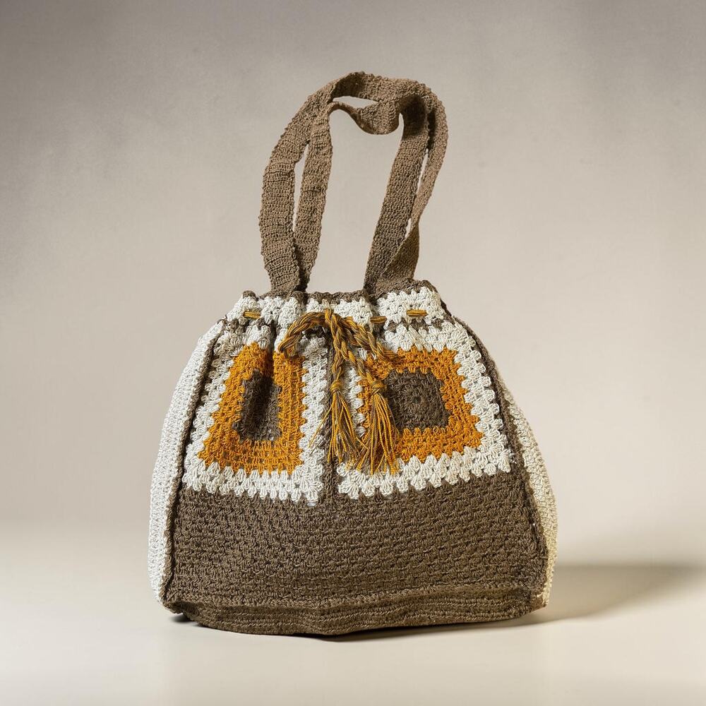 Boho Indie Crochet Purse handbag Drawstring Bucket Lined Cottagecore Whimsy